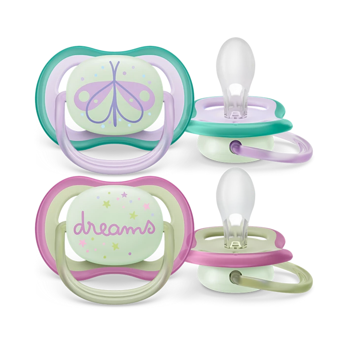 Avent 2-Pack Girls Ultra Air Night Pacifiers (0-6M | Butterfly/Dreams)