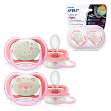 Load image into Gallery viewer, Avent 2-Pack Girls Ultra Air Night Pacifiers (6-18M | Stars/Bear)
