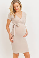 Hello Miz Floral Solid Terry Maternity Nursing Wrap Dress - Taupe