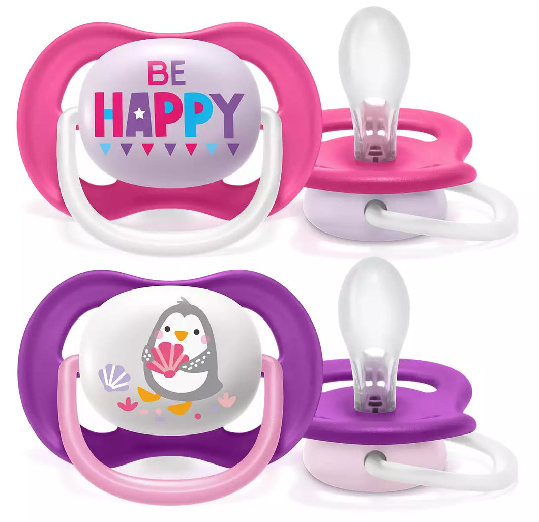 Avent 2-Pack Girls Ultra Air Pacifiers (6-18M | Be Happy/Pinguin)