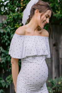 Hello Miz Polka Dot Ruffled Off Shoulder Maternity Dress - White