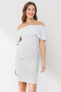 Hello Miz Polka Dot Ruffled Off Shoulder Maternity Dress - White