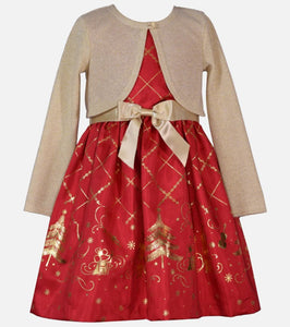 Bonnie Jean Kid Girl Delia Nutcracker Printed Dress with Cardigan