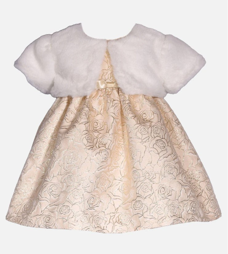 Bonnie Jean Baby Girl Tori Golden Dress with Faux Fur Cardigan Cute as a Button Bonnie Jean Baby Girl Tori Golden Dress with Faux Fur Cardigan Cute as a Button