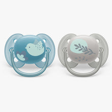 Load image into Gallery viewer, Avent 2pk Boy Ultra Soft Pacifiers (6-18M | Grey/ Blue Bird)
