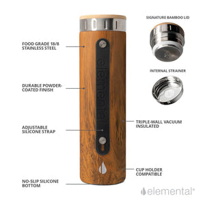 Elemental Iconic 591ml Bottle with Bamboo Lid and Internal Strainer - Teakwood