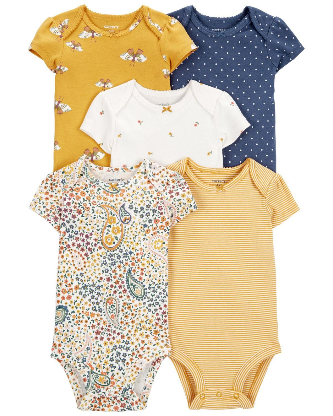 Carter's 5pc Baby Girl Gold Navy Paisley Print Bodysuit Set
