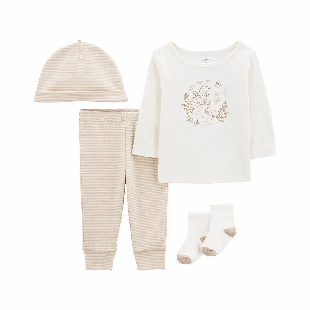 Carter's 4pc Baby Neutral Ivory Top, Socks, Hat and Khaki Striped Pant Set