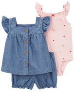 Carter's 3pc Baby Girl Pink Strawberries Chambray Set