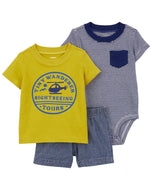 Carter's 3pc Baby Boy Yellow Tee, Navy Striped Bodysuit & Chambray Shorts Set