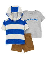Carter's 3pc Baby Boy Blue Hoodie Tee, Grey Tee & Brown Shorts Set