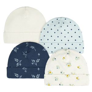Gerber 4pc Baby Caps - Blue/ Ivory (0-6M)