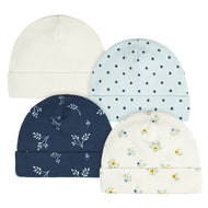 Gerber 4pc Baby Caps - Blue/ Ivory (0-6M)