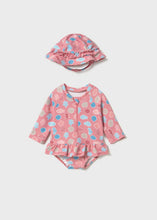 Load image into Gallery viewer, Mayoral 2pc Baby Girl Seashells Long-Sleeve Swimsuit &amp; Hat Set
