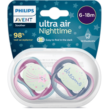 Load image into Gallery viewer, Avent 2-Pack Girls Ultra Air Night Pacifiers (6-18M | Star/Dreams)
