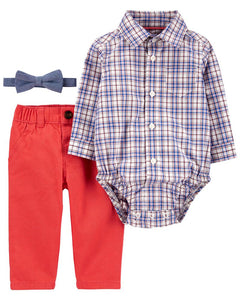 Carter's 3pc Baby Boy Blue Plaid Long Sleeve Shirt, Orange Red Pants & Bow Set