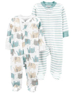 Carter's 2pc Baby Boy White Striped and Elephant 2-Way Zip-Up Terry Footie Sleep & Play Coverall Set