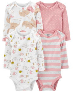 Carter's 4pc Baby Girl Pink Elephant Long-Sleeve Original Bodysuits Set
