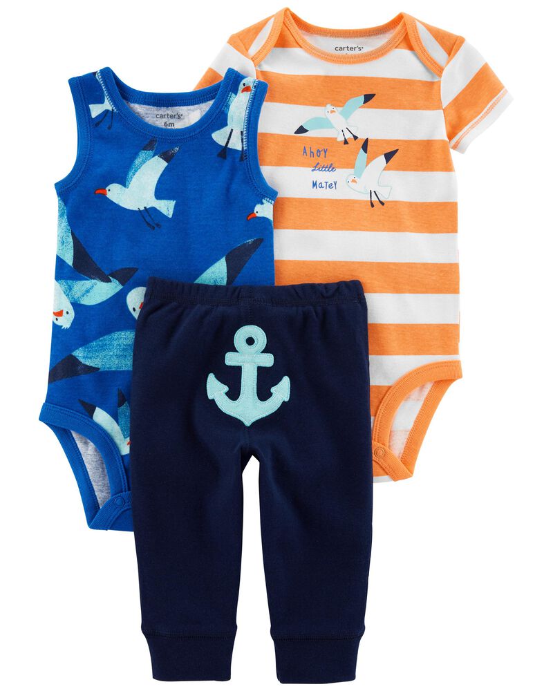 Body listrado laranja para bebê menino Carter's 3 peças, body gaivota azul e conjunto de calça âncora azul marinho