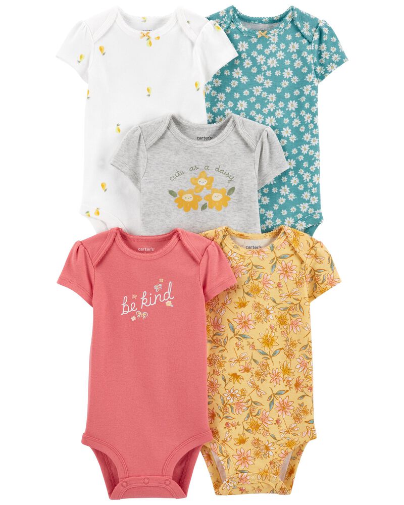 Carter's 5pc Baby Girl Assorted Colors Be Kind Flower Print Bodysuit Set