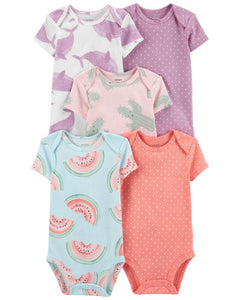 Carter's 5pc Baby Girl Assorted Colors Whale, Cactus, Melon Print Bodysuit Set