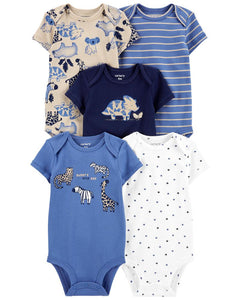 Carter's 5pc Baby Boy Assorted Colors Safari Animals Print Bodysuit Set