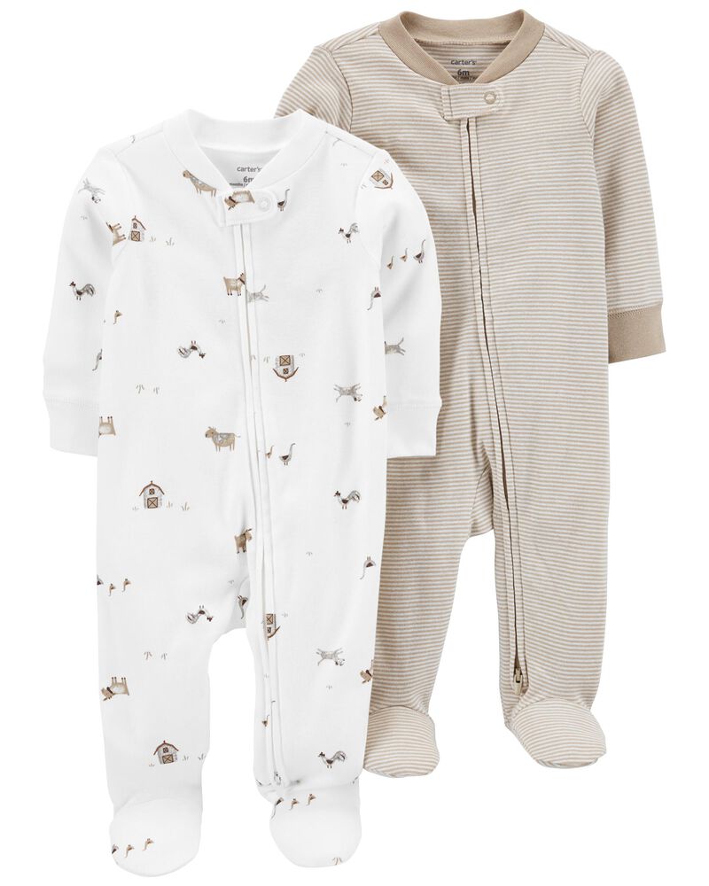 Carter's 2pc Baby Boy White/Brown Barn Animal Zip-Up Footie Coverall