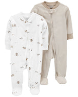 Carter's 2pc Baby Boy White/Brown Barn Animal Zip-Up Footie Coverall
