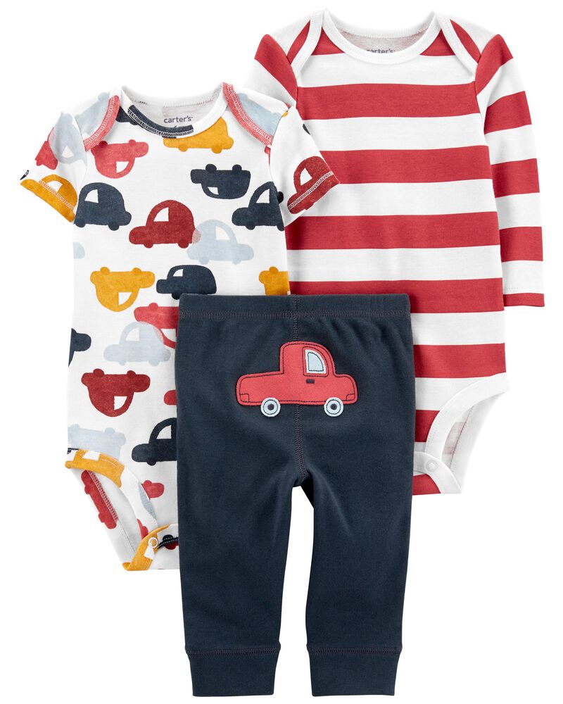 Carter's 3pc Baby Boy Red Striped Longsleeve Bodysuit, White Car Bodysuit and Charcoal Car Pant Set