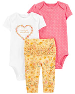 Bodys queridinho da mamãe Carter's 3 peças para bebê menina rosa/branco e conjunto de leggings com babados amarelo