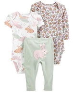 Carter's 3pc Baby Girl White Bunny Bodysuit, Floral Longsleeve Bodysuit and Green Bunny Legging Set