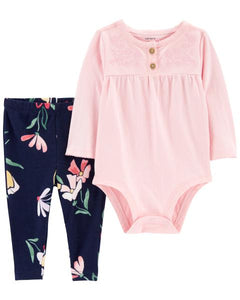 Carter's 2pc Baby Girl Pink Longsleeve Bodysuit Navy Floral Legging Set
