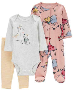Carter's 3pc Baby Girl Pink Multi Animal Snap-Up Footie Coverall, Grey Long Sleeve Bodysuit and Yellow Striped Legging Sleepwear Set