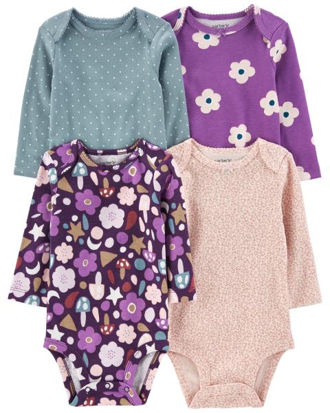 Carter's 4pc Baby Girl Purple Flowers Long-Sleeve Original Bodysuits Set