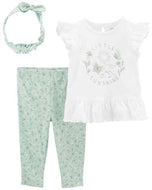 Carter's 3pc Baby Girl White Mint Little Sunshine Top, Mint Flower Legging and Matching Head Wrap Set