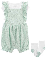 Carter's 3pc Baby Girl Ivory Tee, Mint Romper and Socks Set