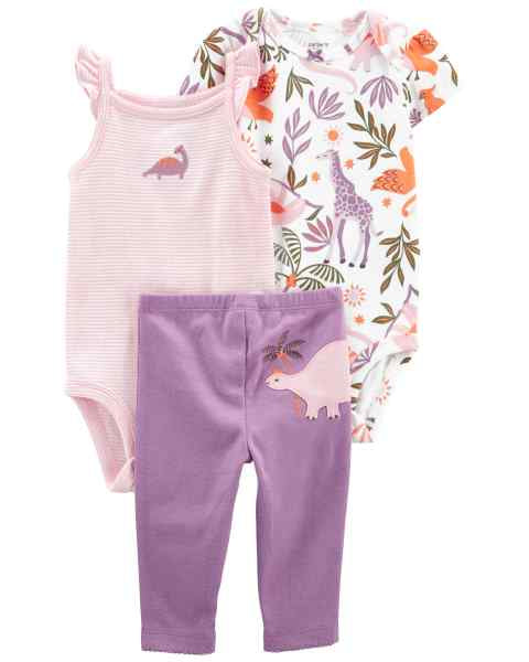 Carter's 3pc Baby Girl Purple Dino Bodysuits and Pants Set