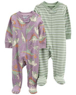 Carter's 2pc Baby Boy Purple Dino and Green Striped Coverall Set