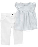Carter's 2pc Baby Girl Blue Striped Blouse and Ivory Pant Set