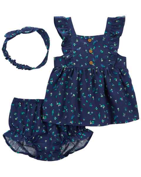 Carter's 3pc Baby Girl Navy Floral Tank Blouse, Navy Floral Diaper Cover and Head Band Set