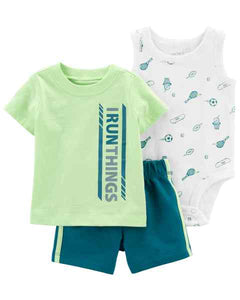Carter's 3pc Baby Boy White Sport Bodysuit, Neon Green I Run Things Tee and Green Soft Short Set
