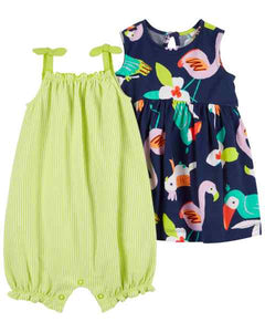 Carter's 2pc Baby Girl Navy Bird Dress and Lime Green Striped Tank Romper Set