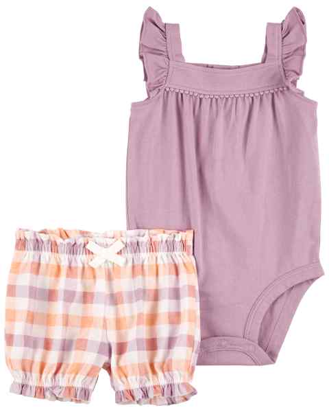 Carter's 2pc Baby Girl Purple Tank Bodysuit and Orange Plaid Bubble Short Set