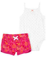 Carter's 2pc Baby Girl White Dot Bodysuit and Bright Pink Floral Short Set