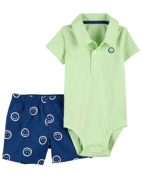 Carter's 2pc Baby Boy Neon Green Polo Bodysuit and Blue Smile Short Set