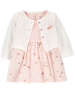 Carter's 2pc Baby Girl Ivory Cardigan and Pink Dragonfly Dress Set
