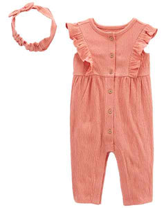 Carter's 2pc Baby Girl Pink Solid Jumpsuit and Headwrap Set
