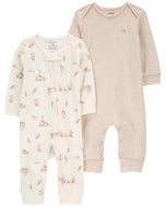 Carter's 2pc Baby Boy Tan Striped Goose Zip-Up Footie Coverall Sleepwear Set