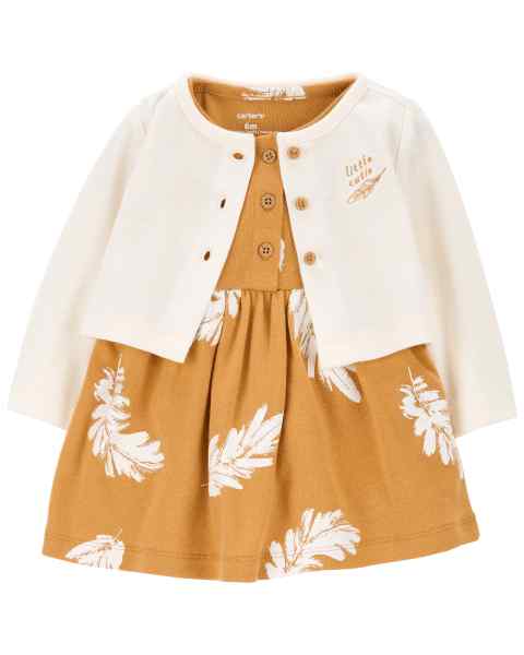 Carter's 2pc Baby Girl Ivory Feather Cardigan and Ochre Feather Dress Set