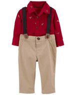 Carter's 3pc Baby Boy Red Dino Shirt Bodysuit, Khaki Chino Pants and Suspender Set
